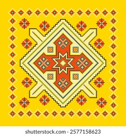 Vector illustration of Ukrainian ornament in ethnic style, identity, vyshyvanka, embroidery for print clothes, websites, banners. Background. Geometric design, border, copy space, frame