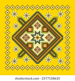 Vector illustration of Ukrainian ornament in ethnic style, identity, vyshyvanka, embroidery for print clothes, websites, banners. Background. Geometric design, border, copy space, frame