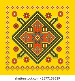 Vector illustration of Ukrainian ornament in ethnic style, identity, vyshyvanka, embroidery for print clothes, websites, banners. Background. Geometric design, border, copy space, frame