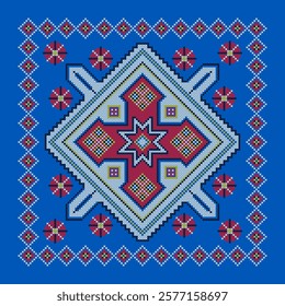 Vector illustration of Ukrainian ornament in ethnic style, identity, vyshyvanka, embroidery for print clothes, websites, banners. Background. Geometric design, border, copy space, frame