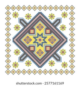 Vector illustration of Ukrainian ornament in ethnic style, identity, vyshyvanka, embroidery for print clothes, websites, banners. Background. Geometric design, border, copy space, frame