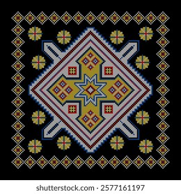Vector illustration of Ukrainian ornament in ethnic style, identity, vyshyvanka, embroidery for print clothes, websites, banners. Background. Geometric design, border, copy space, frame