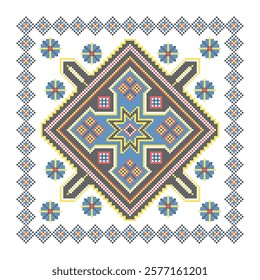 Vector illustration of Ukrainian ornament in ethnic style, identity, vyshyvanka, embroidery for print clothes, websites, banners. Background. Geometric design, border, copy space, frame