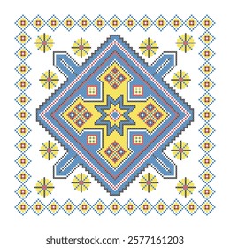 Vector illustration of Ukrainian ornament in ethnic style, identity, vyshyvanka, embroidery for print clothes, websites, banners. Background. Geometric design, border, copy space, frame