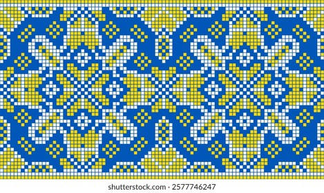 Vector illustration of Ukrainian ornament in ethnic style, identity, vyshyvanka, embroidery for print clothes, websites, banners. Background. Geometric design, border, copy space, frame