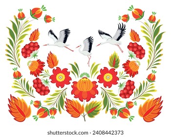 Vector illustration of Ukrainian Petrykivka painting isolated on white background. Petrykivka composition of the autumn season with birds, flying storks, leaves, viburnum, flowers in a cartoon style.