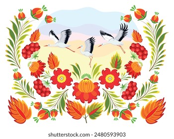 
Vector illustration of the Ukrainian Petrykivka painting. Cartoon scene of storks flying in the sky, stylized bright flowers, leaves, bunches of viburnum, twigs isolated on white background.