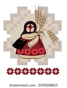 Vector illustration of Ukrainian rag and grain doll-motanka with ears of wheat on the background of solar sign.