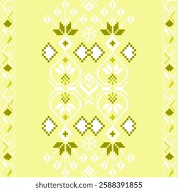 Vector illustration of Ukrainian style cross-stitch. Geometric shapes and flowers. Green and white on a light yellow background. For use in printing industry, traditional textiles, sweaters.