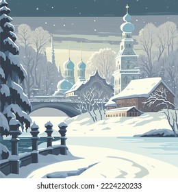 Vector illustration of Ukranian orthodox church in winter landscape