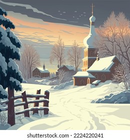 Vector illustration of Ukranian orthodox church in winter landscape