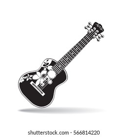 Vector illustration of ukulele isolated on white background. Hawaiian black and white guitar, string musical instrument in flat style.