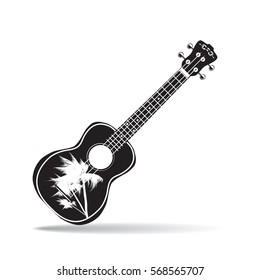 Vector illustration of ukulele isolated on white background. Hawaiian black and white guitar, string musical instrument in flat style.