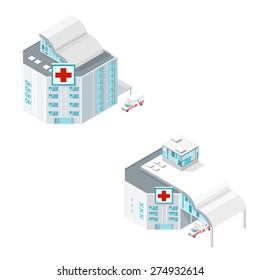 A vector illustration of an ultra modern isometric hospital. Isometric Modern Hospital Icon illustration. A contemporary surgery health clinic.