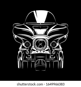 Vector illustration of Ultra Touring motorcycle silhouette on Black background. Can be used for printed on motorcycle club t-shirt, background, banner, posters, icon, web, etc.