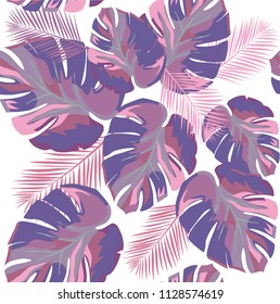 vector illustration of ultra violet palm leaves seamless background.