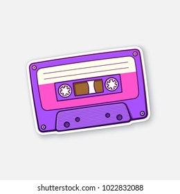 Vector illustration. Ultra violet retro audio cassette with pink stripe. Analog media for recording and listening stereo. Old-fashioned tape cassette. Sticker with contour. Isolated on white backgroun