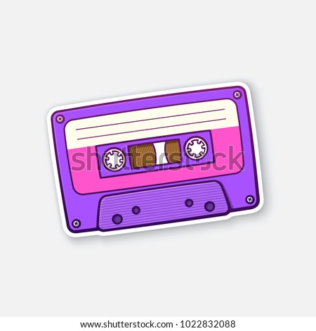 Vector illustration. Ultra violet retro audio cassette with pink stripe. Analog media for recording and listening stereo. Old-fashioned tape cassette. Sticker with contour. Isolated on white backgroun