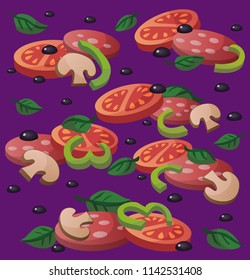 vector illustration Ultra violet seamless pattern background food pizza tomato pepper sausage mushrooms