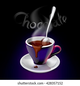 Vector illustration of ultraviolet coffee cup on a saucer filled with hot chocolate. Perfect for pack, print design, poster, menu, web banner, advertising and more