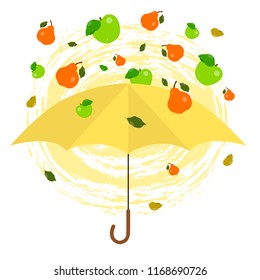 vector illustration. umbrella, apples, pears, rain of fruit, whirlwind.