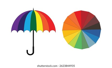 Vector illustration of an Umbrella with beautiful rainbow colors, simple drawing colorful vector image, umbrella vector illustration, different color umbrella eps 10 drawing, side view of umbrella