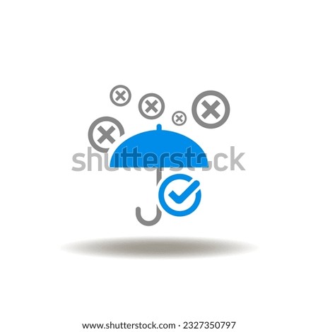 Vector illustration of umbrella with cloud of check and cross marks. Symbol of fact check. Icon of protected of fake.