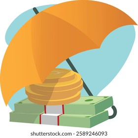 Vector illustration umbrella covers money. Concept of financial security, savings protection, wealth