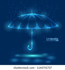 Vector illustration umbrella  Draw from lines   dots  Glow transparent object  Wireframe geometry dark blue background 