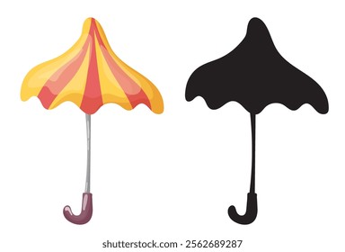 vector illustration with umbrella. full color umbrella and one-color silhouette. yellow and red umbrella from rain and sun. protection from sun rays, rain and wind.