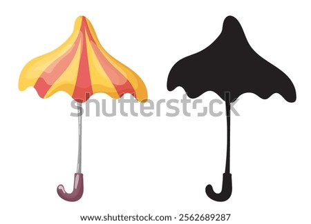 vector illustration with umbrella. full color umbrella and one-color silhouette. yellow and red umbrella from rain and sun. protection from sun rays, rain and wind.