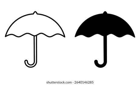 Vector illustration of umbrella icon in both line and solid styles. Perfect for weather symbols, mobile app UI, prints, and web design. Clean and minimal shape, easy to edit and scale.