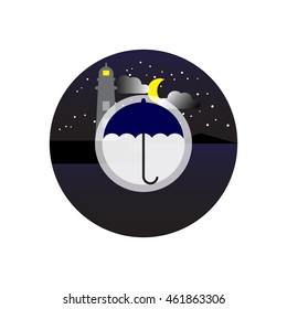 vector illustration of umbrella icon and circle lighthouse seascape background