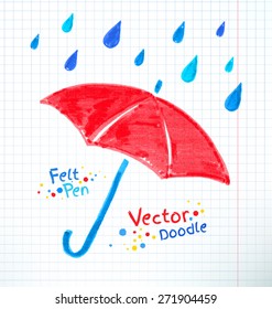 Vektorgrafik von Regenschirm und Regentropfen. Filz Stift Kinderzeichnung auf Notebook kariertes Papier.
