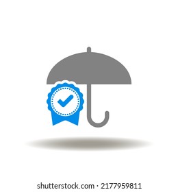 Vector illustration of umbrella and stamp with check mark. Icon of insurance. Symbol of safety intellectual property and rights.