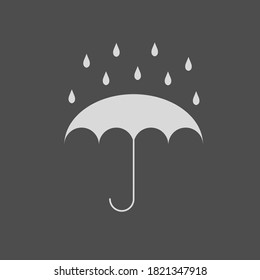 Vector illustration of umbrella with water drops fall. Symbol of protection against getting wet. Meteorology, safety, autumn season concept. White umbrella icon isolated on black background.