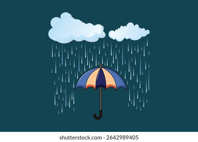 Vector illustration of umbrella with water drops, flat cartoon style with soft pastel tones, weather-themed artwork for rainy day graphics, children’s design, and print backgrounds

