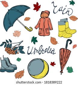 vector illustration from an umbrella,raincoat and boots for walking in the rain,boots,a ball and a rowan branch,inscriptions in blue-rain and an umbrella