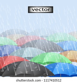 Vector illustration of umbrellas in the rain, rainy weather cloudy, precipitation set realistic isolated.