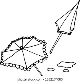 Vector illustration of an umbrellas and water drops. Line art. Black and white sketch. Banner, postcard square shape.