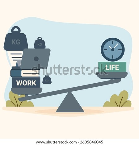 Vector illustration of an unbalanced scale overloaded with work-related objects — briefcase, laptop, weight — while the “life” side holds only a clock. The scene highlights the pressure of modern work