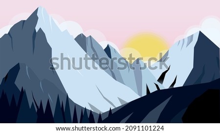 Vector illustration. Unbelievable mountain landscape. Trees. Sun. Background. Dawn