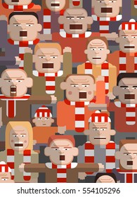 Vector Illustration Of An Uncertain Young Boy With His Shouting Father In An Angry Sports Crowd