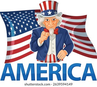 Vector illustration of Uncle Sam pointing with an American flag backdrop. Bold colors and classic patriotic theme