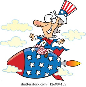 Vector illustration of uncle sam riding on red white and blue rocket