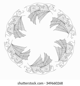 Vector illustration with uncolored ships. Circle pattern. Adult coloring book.