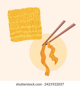 Vector illustration of uncooked instant noodle and cooked yellow noodle on chopsticks isolated on square ratio background. Simple flat art styled food drawing.