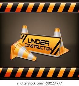 Vector illustration of Under construction barrier with road cones