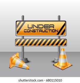 Vector illustration of Under construction barrier with road cones