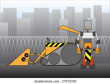 Vector illustration of "under construction" design, includes the worker and bulldozer.